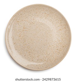 Trendy Circle Beige sand grain texture handmade Ceramic Dish plate, top view stoneware plate isolated white.  - Powered by Shutterstock