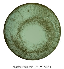 Trendy Circle Dark moss green sand grain texture handmade Ceramic Dish plate, top view stoneware plate isolated white.  - Powered by Shutterstock