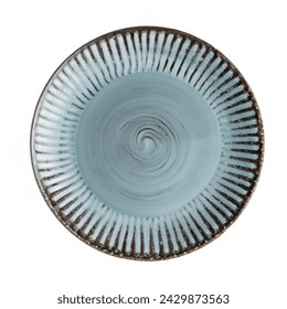 Trendy Circle Old Vintage blue sand grain texture handmade Ceramic Dish plate, top view stoneware plate isolated white.  - Powered by Shutterstock