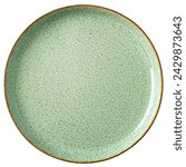 Trendy Circle Pastel Pale Green sand grain texture handmade Ceramic Dish plate, top view stoneware plate isolated white. 