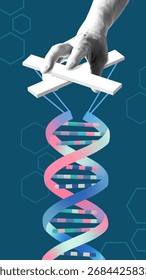 Trendy composition. Human hand controlling DNA helix like puppet with strings. Concept of genetics manipulation, biotechnology, ethical science, healthcare innovation and genome research.