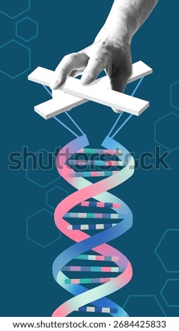 Trendy composition. Human hand controlling DNA helix like puppet with strings. Concept of genetics manipulation, biotechnology, ethical science, healthcare innovation and genome research.