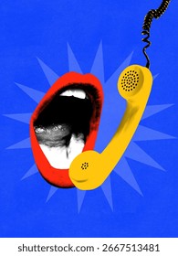 Trendy composition. Red lips shouting into yellow retro phone on blue background. Concept of communication branding, retro telephone campaigns, call center posters, and digital dialogue promotion.