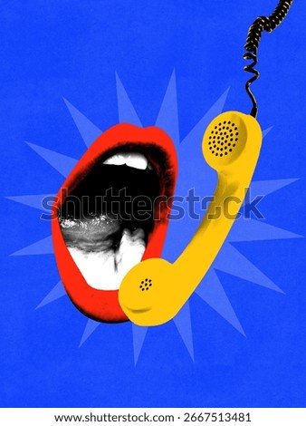 Trendy composition. Red lips shouting into yellow retro phone on blue background. Concept of communication branding, retro telephone campaigns, call center posters, and digital dialogue promotion.