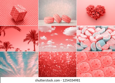 Trendy creative collage in Living Coral color of the Year 2019. Love heart, sweet, holiday gift, fashion.