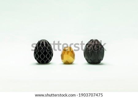 Trendy Easter low poly decor. Golden and black eggs of geometric style. Happy Easter greeting card. Holiday concept in minimal style