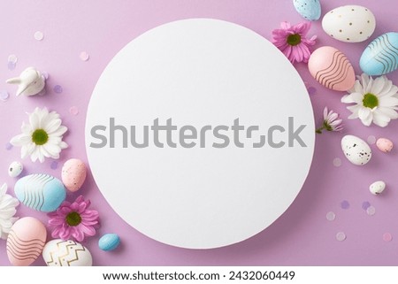 Trendy Easter tableau captured from top view, presenting eggs, ceramic bunny, daisies, and confetti on a soft violet base, leaving circular space for custom messages or promos
