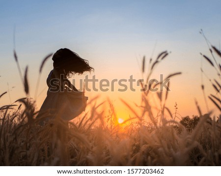 Similar – Sonnenuntergang, Rückenansicht Frau, Feld