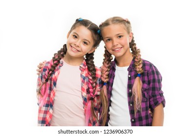 Trendy girls. Dress similar with best friend. Dress to match your friend. Best friend dressing. Friends wear similar outfits have same hairstyle braids white background. Sisters family look outfit. - Shutterstock ID 1236906370