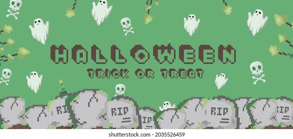 Trendy Green Happy Halloween banner or digital invitation background in retro 8 bit pixel art style. Modern pixel art halloween background with ghosts, skulls, tombs and graves. 8 bit gamer design - Shutterstock ID 2035526459