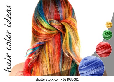 Trendy hairstyle ideas  Young woman and colorful dyed hair white background