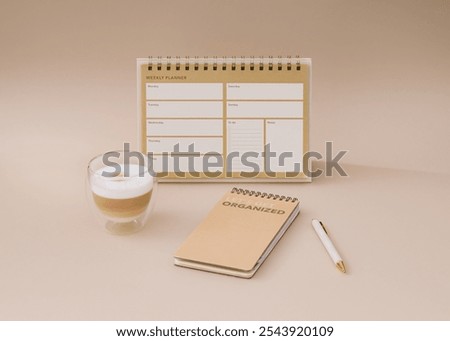 Trendy layout with weekly planner, coffee and pen on beige background. Planner for organization and goal priorities. Writing down tasks and schedule reminders on office desk. Minimal creative concept.