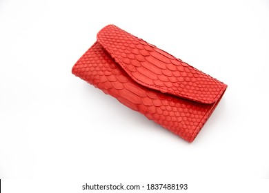 Trendy natural red snake python skin woman wallet on white isolated background. Can be used for background and wallpaper