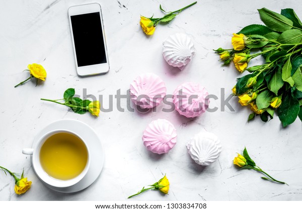 Trendy Office Desk Roses Marble Background Stock Image Download Now