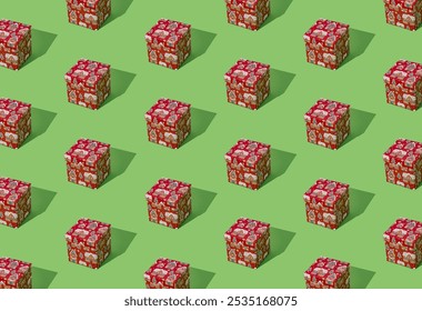 Trendy pattern composition made with red Christmas gift box on light green background. Minimal creative Christmas and New Year concept. Festive holiday pattern backdrop. Xmas aesthetic.