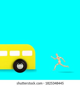 Trendy Photo Wooden Man Is Chasing Bus Colorful Concept