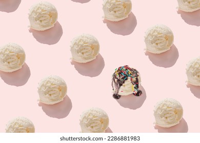 trendy seamless pattern of ice cream scoops and covered, strewed sprinkles and poured with chocolate icing on pink background, creative decoration. - Powered by Shutterstock