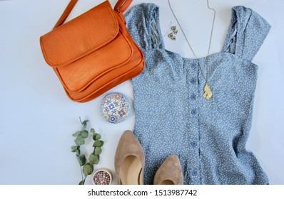 Trendy Set Of Autumnal Female Clothes On White Background. Flay Lay, Top View Composition