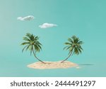 Trendy Summer composition made of Coconut trees with beach sand on blue background. Minimal summer concept.Creative art,Contemporary style.Banner background with writing space and copy space.