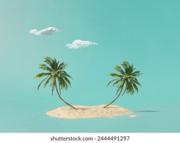 Trendy Summer composition made of Coconut trees with beach sand on blue background. Minimal summer concept.Creative art,Contemporary style.Banner background with writing space and copy space. - Powered by Shutterstock