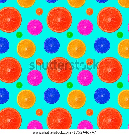 Trendy summer Seamless pattern of Orange Fruit slice unreal unnatural neon bright colors.  Food background. gift wrapping paper textile print design. Trendy colors Summer tropical exotic fruit pattern