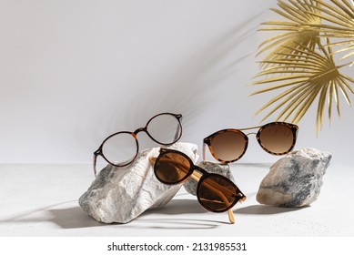 Trendy sunglasses of different design and eyeglasses on gray background with golden palm leaf. Copy space. Sunglasses and spectacles sale concept. Optic shop promotion banner. Eyewear fashion