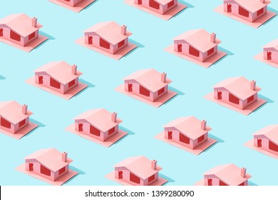 Trendy Sunlight Summer Pattern Made With Pink Paper House On Bright Light Blue Background. Minimal Summer Concept.