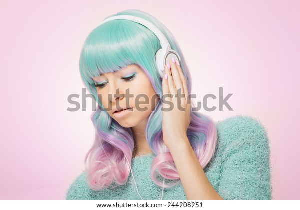 Trendy Teenage Girl Green Pink Hair People Beauty Fashion Stock
