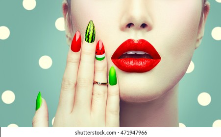 Trendy Watermelon Summer Manicure And Red Lips. Beauty Fashion Makeup And Manicure. Glamour Nail Art And Make Up Closeup Over Polka Dots Background