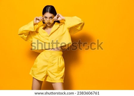 trendy woman glasses attractive yellow fashion lifestyle girl romance young beautiful
