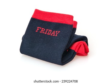 Trendy wool socks with inscription FRIDAY isolated on a white background.