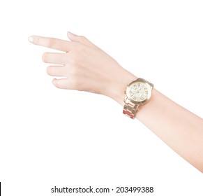 Trendy Wrist Watch On Woman Hand Isolated On White Background