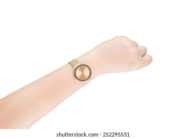 Trendy Wrist Watch On Woman Hand Isolated On White Background.