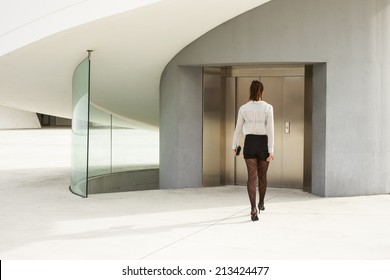 Trendy Young Businesswoman About To Enter In Modern Corporate Building Elevator On A Working Day. Brunette Professional Woman Back View Wearing Sexy Skirt And Stockings.