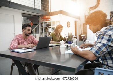 Trendy young people working in co-working office 