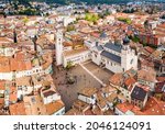 Trento Cathedral or Duomo di Trento aerial panoramic view. Duomo is a roman Catholic cathedral in Trento city in Trentino Alto Adige in Italy.