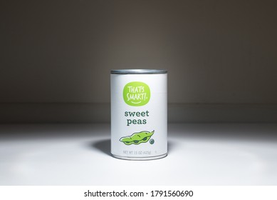 Trenton, MO / United States Of America - August 7th, 2020 : That's Smart! Brand Canned Sweet Peas, Isolated On White Surface.  Grocery Item At Home On Counter, No People.