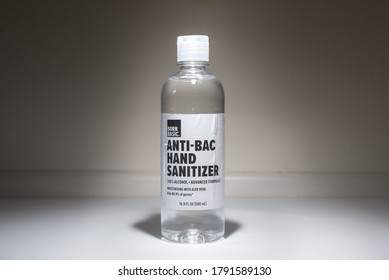 Trenton, MO / United States Of America - August 7th, 2020 : Born Basic Anti-bacterial Hand Sanitizer, Clear Plastic Bottle, Isolated At Home On Kitchen Counter.