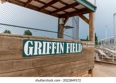 Trenton, MO United States Of America - August 10th, 2021 : Griffin Field Sign Closeup On Back Of Announcer Booth, With Bleachers And Fence In Background.