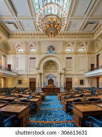TRENTON, NEW JERSEY - JULY 22: General Assembly, or House of Representatives chamber of the New Jersey State House on July 22, 2015 in Trenton, New Jersey