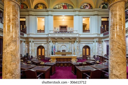 TRENTON, NEW JERSEY - JULY 22: Senate chamber of the New Jersey State House on July 22, 2015 in Trenton, New Jersey