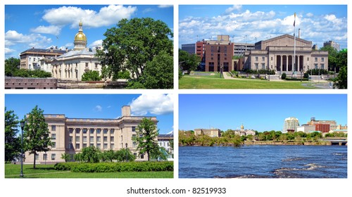 Trenton New Jersey landmarks scenic views of the state house capitol and other NJ government administrative office buildings with the War Memorial and capital downtown cityscape from Delaware River