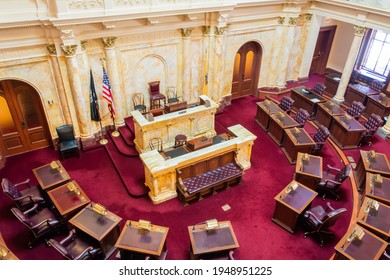 Trenton, New Jersey, United States Of America – September 6, 2016. Senate Chamber Of New Jersey State House In Trenton, NJ. This Is Where The State’s 40 Senators Debate And Vote On Ideas For New Laws.