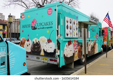 TRENTON, NJ -1 FEB 2020- View Of Food Trucks Lined Up Outside The Trenton War Memorial Building In Trenton, Mercer County, New Jersey.