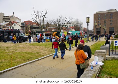 TRENTON, NJ -1 FEB 2020- View Of Food Trucks Lined Up Outside The Trenton War Memorial Building In Trenton, Mercer County, New Jersey.