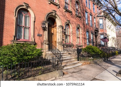 TRENTON, NJ - APRIL 5, 2018: Historic Townhomes along State Street in Trenton New Jersey