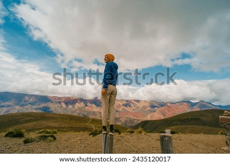 treveler in Cerro de los 14 Colores, or Fourteen Coloured Mountain, Serrania de Hornocal, Jujuy, Argentina. High quality photo
