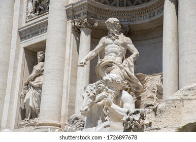 Trevi Fountain Building. Close Up To The Central Sculpture Of A Man