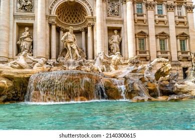 Trevi Fountain in Rome, Italy, Europe. It is international landmark of Rome. Famous historical building with beautiful statues and sculpture in Rome city center. Baroque architecture of Rome in summer