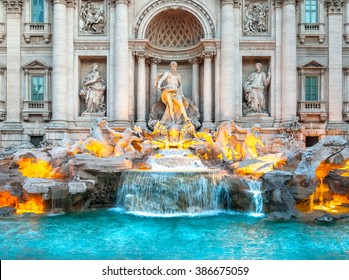 Trevi fountain at sunrise, Rome, Italy. Rome baroque architecture and landmark. Rome Trevi fountain is one of the main attractions of Rome and Italy